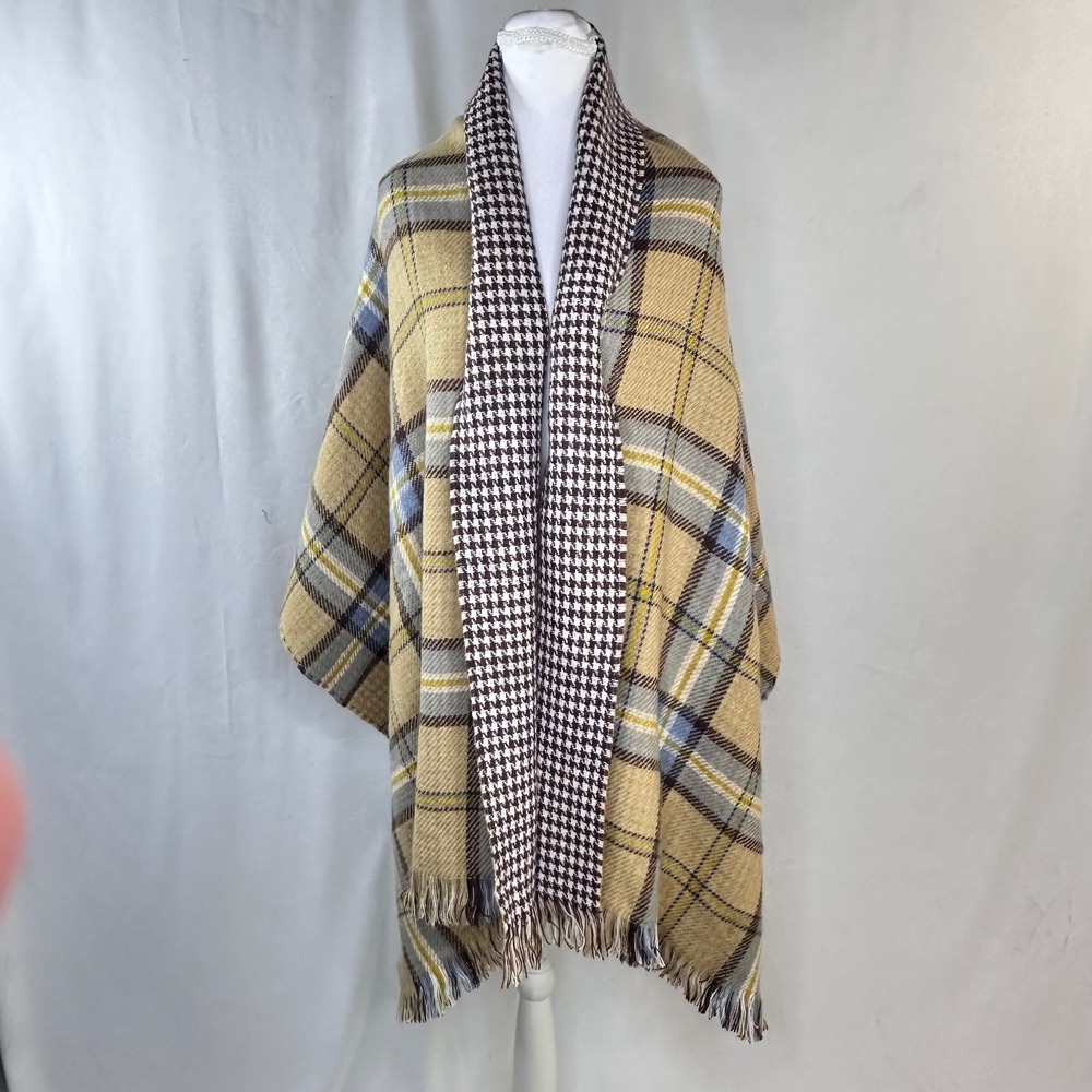 Unbranded OS Reversible Shawl Tan Blue Plaid Houndstooth Dark Academia Tassel